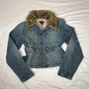 Vintage y2k American Eagle faux sherpa fur lined distressed denim jacket